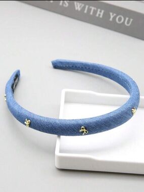 Light Blue Denim Padded Headband with Gold Bow Accents